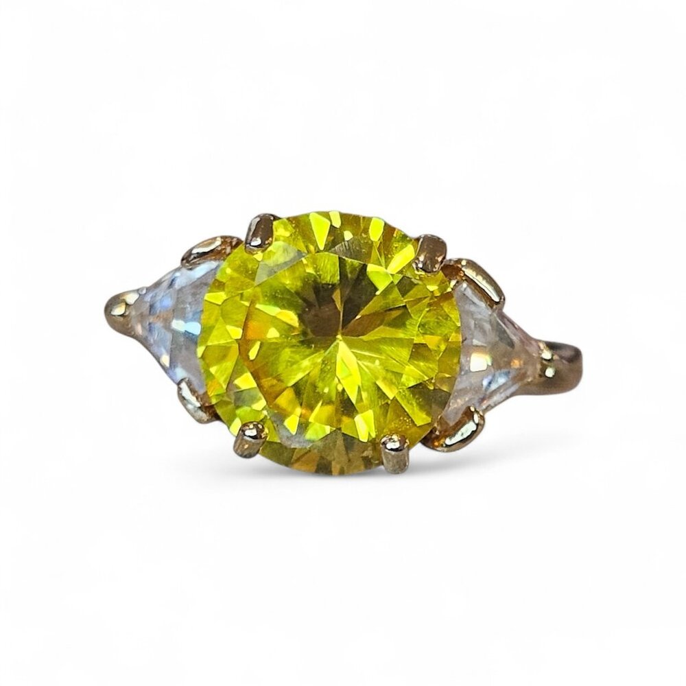 VTG 60s Yellow Cocktail Ring 18K HGE Gold Plate Rhinestone Sz 7 Round Cut - Picture 3 of 16